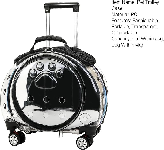 Pet Trolley Case with Upgraded Detachable Silent Wheels, Clear Ventilation Holes Cat Dog Carrier, Cat Dog Carrier with Telescopic Handle, Perfect for Traveling/Taking a Walk Black