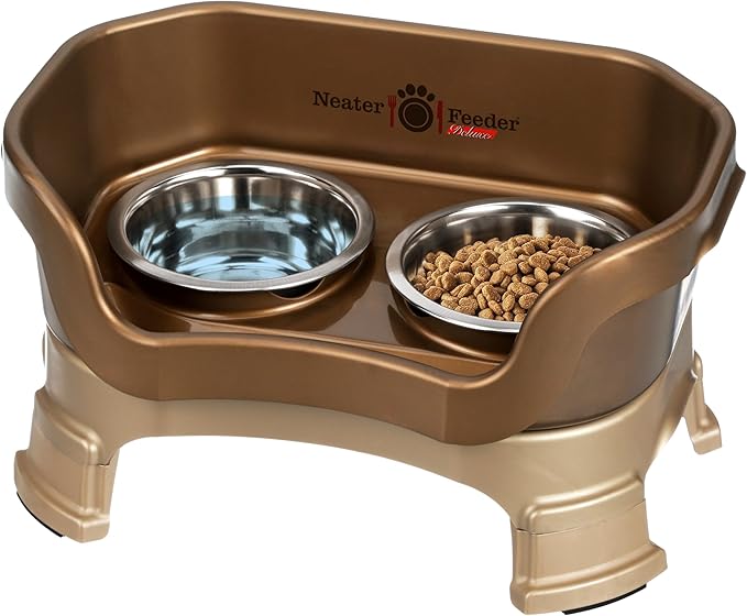 Neater Feeder Deluxe Mess-Proof Elevated Cat Bowls, 2 Height Adjustable (6” & 7.5”) No-Spill Raised Cat Bowl Stand, Whisker Friendly Stainless Steel Dishes for Indoor Cats, Made in USA, Bronze by NeaterPetBrands