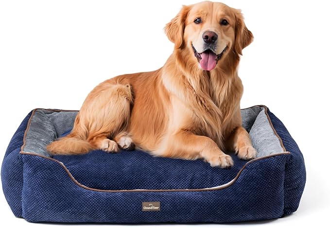 GRANDTIES Fluffy Dog Beds for Small Medium Large Dogs & Cats, Machine Washable Dog Bed, Rectangle Breathable Soft Calming Sleeping Warming Pet Beds with Waterproof & Non-Slip Bottom (XL 40", Navy) by GrandTies