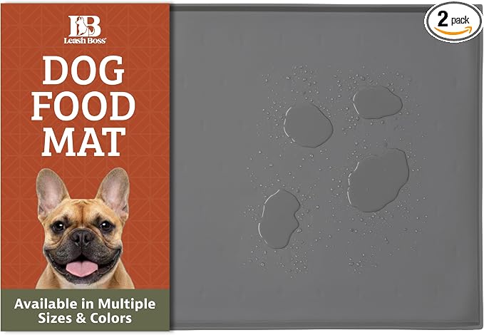 Leash Boss Dog Food Mat - 2-Pack, Waterproof Cat & Dog Bowl Mat for Food and Water, Silicone Pet Feeding Mats for Floors, Non-Slip Placemat with High Edges, Puppy Essentials (Small: 18"x11", Gray) by LeashBoss