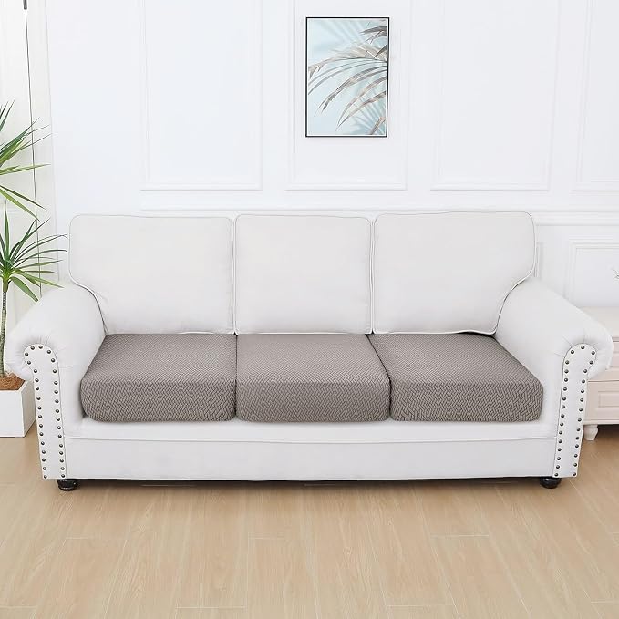Smiry Waterproof Couch Cushion Covers, Non Slip Seat Cushion Covers | Stretch Jacquard Sectional Sofa Slipcover, Washable Elastic Furniture Protector for Pets, Kid, 3 Pieces, Taupe - Image 5