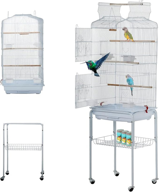 BestPet 64 inch Wrought Iron Bird Cage for Parakeets Medium Small Parrots Parakeet Cage with Detachable Rolling Stand & Play Open Top for Cockatiels Lovebird Finches Canaries,White by BestPet