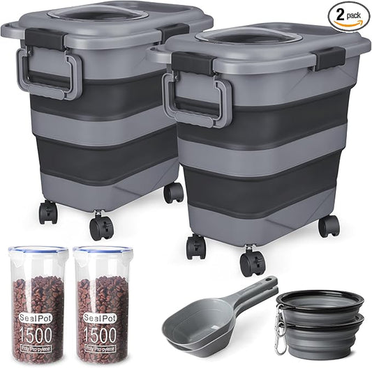Dog Food Storage Container，2 Pack 25 lbs Airtight Collapsible Cat Food Storage Container with Attachable Wheels, Portable Handle, Dog Food Scoop for Dog Cat Bird Pet Dry Food Storage Bin Large by TIOVERY