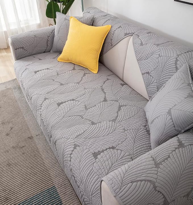Solid Color Leaf Cotton Quilted Sofa Covers Anti-Slip Soft Sectional Couch Cover Washable Sofa Slipcover for Dogs Cats Pet (Grey,36''x70'') - Image 5