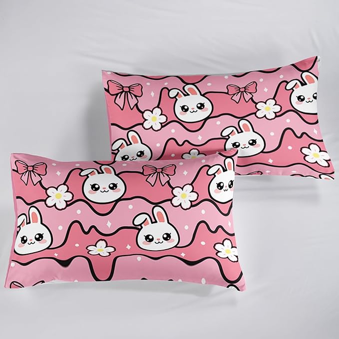QOOMO Kawaii Rabbit Comforter,Strawberry Rabbit Comforter Set for Kids Teens Girls,3Pcs Bedding Set Printed Comforter with 2 Pillowcases,Down Alternative,Soft and Lightweight(Pink，Full Size) - Image 6