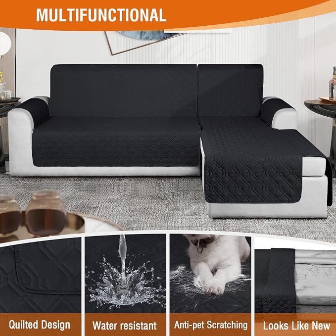 VANSOFY Sectional Couch Covers 100% Waterproof L Shaped Sofa Slipcover 3pcs Reversible Chaise Lounge Cover for Sectional Sofa Furniture Protector Cover for Pets Cat Dog(Small, Blcak) - Image 6