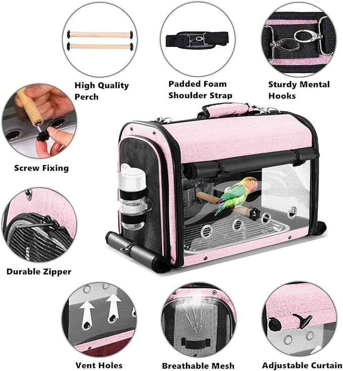 Bird Carrier Bag with Stand, Lightweight Backpack for Parrot, Portable Cockatiel Travel Cage with Accessories, Pet Transparent Breathable Carrier, Pink - Image 2