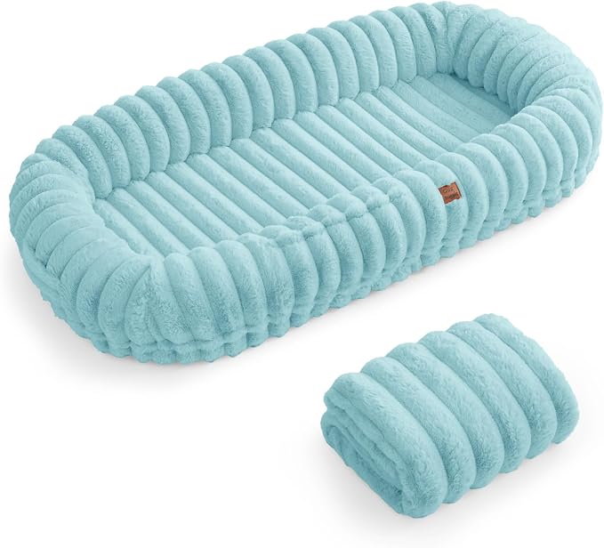 ChiXnuggle Orthopedic Human Dog Bed,Striped Faux Fur Washable Cover,Blanket | blue,72*40*10,giant dog bed for adult or extra large dogs,egg crate foam,non-slip bottom - Image 9