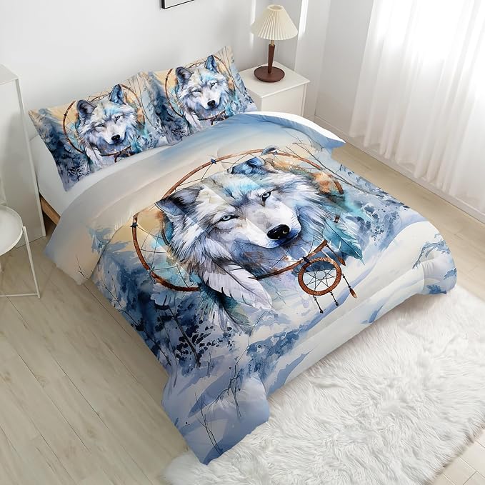 Nttopship White Wolf Comforter Sets Twin Size for Kids,White Wolves 3D Cartoon and Dream Catchers Comforter Sets All Season 1 Comforter and 2 Pillowcases - Image 4
