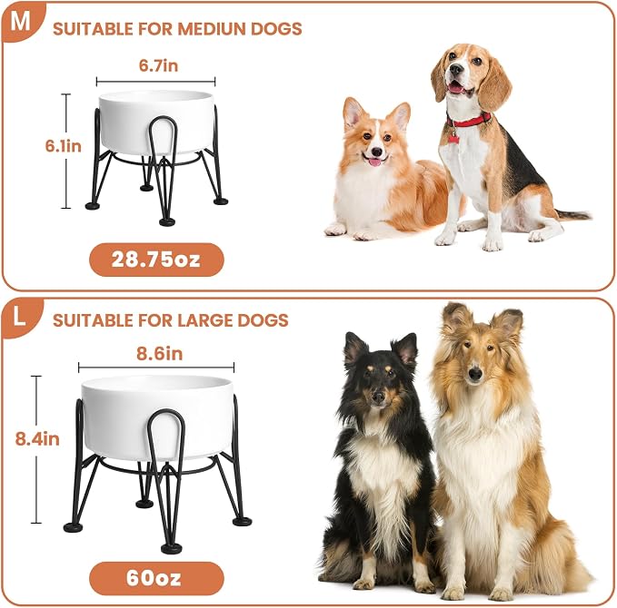 Elevated Dog Bowls, Ceramic Raised Dog Bowl Set with Anti-Slip and Non-Tip Metal Stand, 2 Pack Pet Food and Water Feeding Bowls for Small and Medium Dogs (White,7.6 Cups) - Image 3