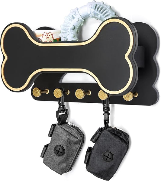 MTERSN Decorative Dog Leash Holder for Wall - Dog Stuff Organizer and Doggie Bone Key Holder Wall Mount with 5 Cute 3D Puppy Paw Hooks & Storage Shelf - Apartment Essentials (Black) by MTERSN