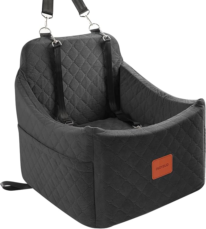 Small Dog Car Seat, Memory Foam Dog Booster Car Seats with Thick Cushion for Medium Dogs Under 35lbs, Detachable Washable Pet Seat with Storage Pockets,2 Safety Belts (Black, Medium) by INDYBUD