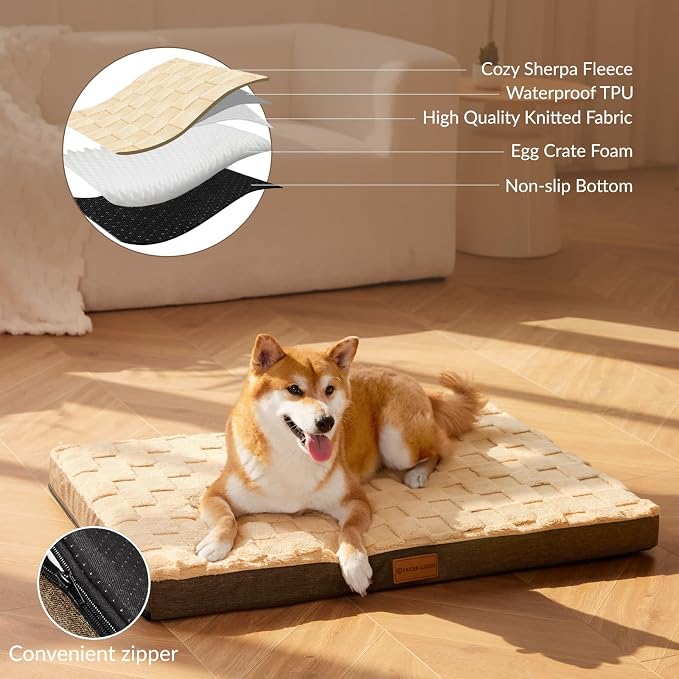 Patas Lague Orthopedic Large Dog Bed Washable Pet Crate Mat 36''X24'' Camel | Egg-Crate Foam Dog Couch For Large Sized Dogs, Waterproof Removable Cover, Soft Pet Bed With Nonskid Bottom - Image 3