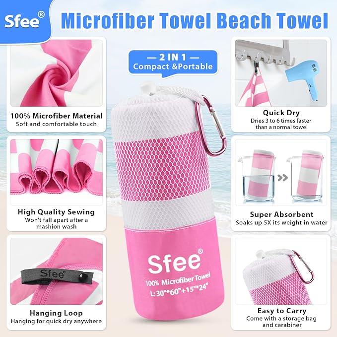 Sfee 2 in 1 Microfiber Oversized Beach Towel, Quick Dry Towel Travel Towel Camping Towel Super Absorbent Compact Lightweight Sports Gym Towels for Beach,Gym, Hiking, Pool, Backpacking, Bath, Yoga - Image 2