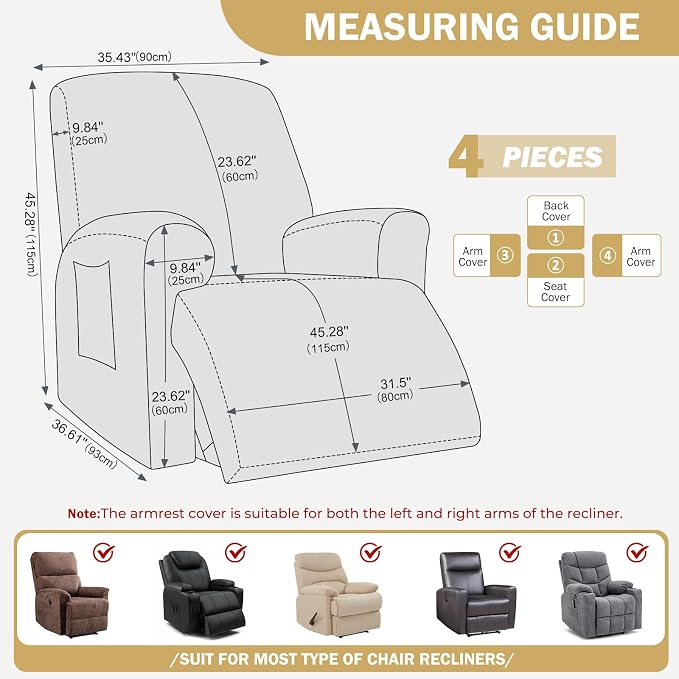vctops Diamond Recliner Cover 4-Pieces Recliner Stretch Sofa Slipcover 1 Seater Couch Protector Soft Solid Furniture Protector Covers with Elastic Strap (Light Coffee,1 Seat) - Image 2