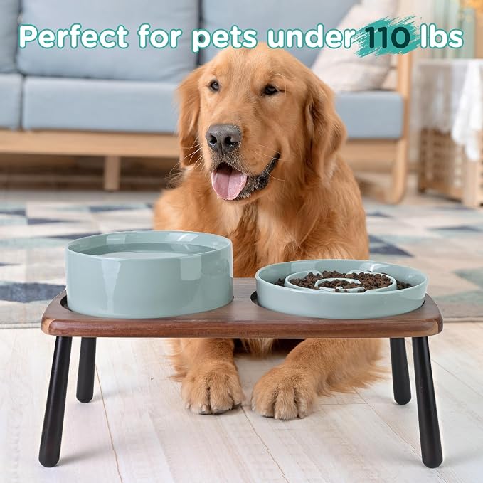 SPUNKYJUNKY Ceramic Elevated Dog Bowls with Slow Feeder Raised Acacia Bamboo Wooden Stand, 8.3'' Dog Food Water Bowls Set Non-Slip for Medium Large Sized Breed Microwave Dishwasher Safe - Light Green - Image 7