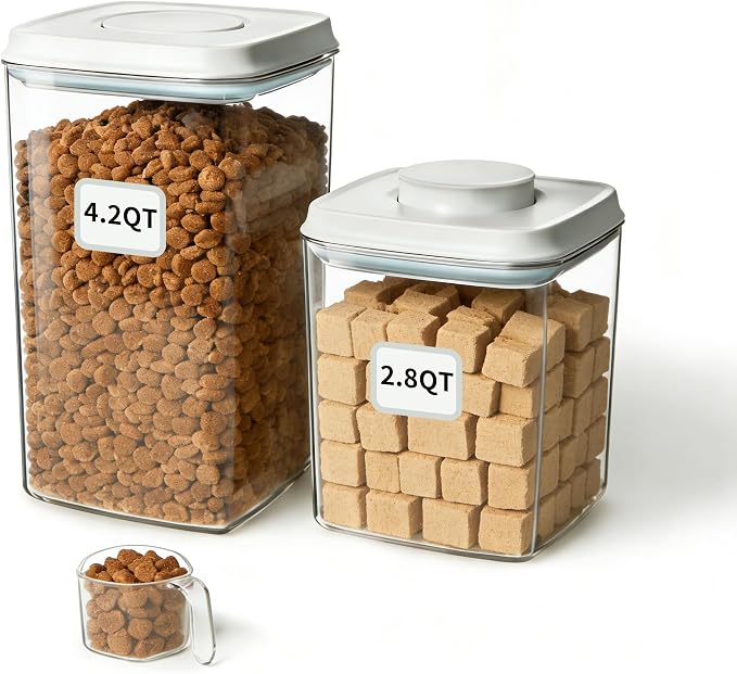 Ankou Dog Food Storage Containers Set, 4.2 QT with 130 ml Scoop & 2.8 QT, Airtight BPA-Free | Stackable Pop Lid Plastic Containers for Kibble & Pet Treats by ANKOU