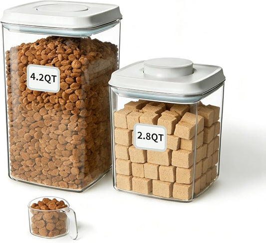 Ankou Dog Food Storage Containers Set, 4.2 QT with 130 ml Scoop & 2.8 QT, Airtight BPA-Free | Stackable Pop Lid Plastic Containers for Kibble & Pet Treats by ANKOU