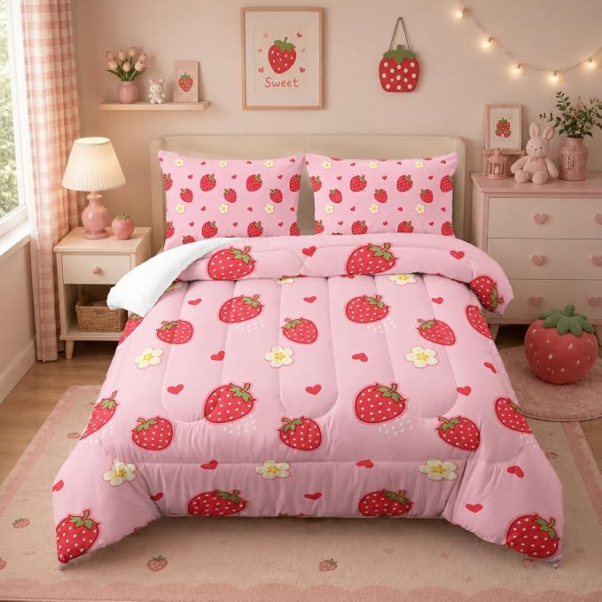 Nttopship Cute Strawberry Comforter Sets, King Size Kids Bedding Sets with Cute Strawberries and Flowers Pattern, All Season Comforter and 2 Pillowcases by Nttopship