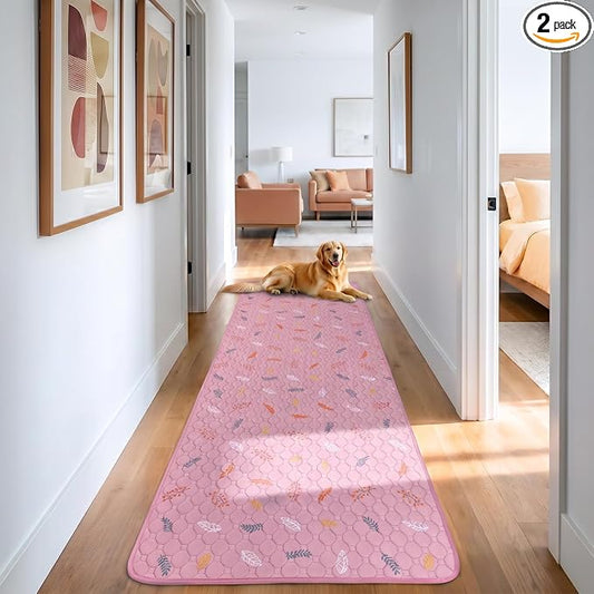 Sunheir Washable Pee Pads for Dogs Large 24" x 72" 2-Pack Reusable Puppy Pads Pet Training Pads, Absorb Dog Mats, Whelping Pad, Non-Slip Protects Against Urine Leakage, Runner Rug (Leaves - Pink) by SUNHEIR