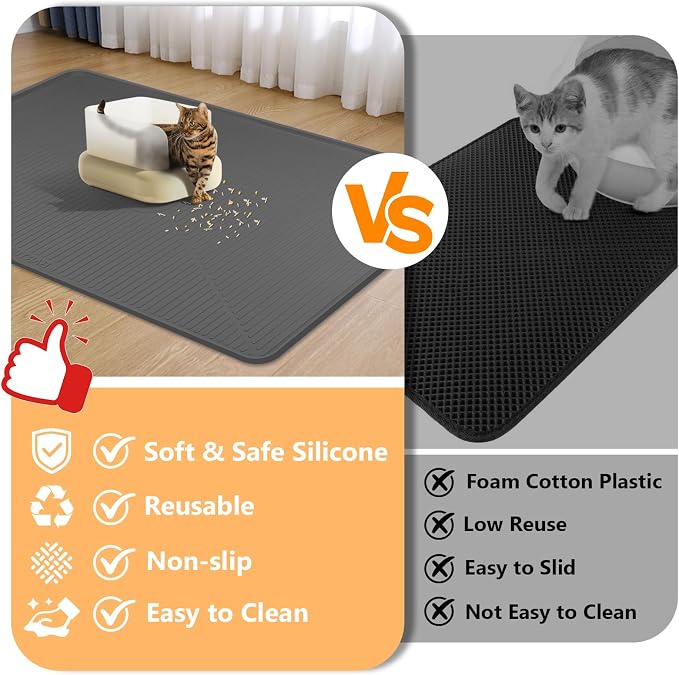 Silicone Cat Litter Mat 45" x 30" Cat Mat for Litter Box, Dark Grey | Extra Large Cat Litter Trapping Mat for Floor, Waterproof, Non-Slip Kitty Litter Box Mat with Raised Edge, Easy to Clean - Image 3