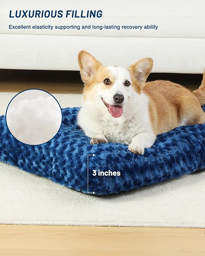 KSIIA Washable Dog Bed Comfy Dog Crate Pad Deluxe Plush Pet Bed Non-Slip Kennel Pad for Medium Dogs, 29" x 21", Blue - Image 3
