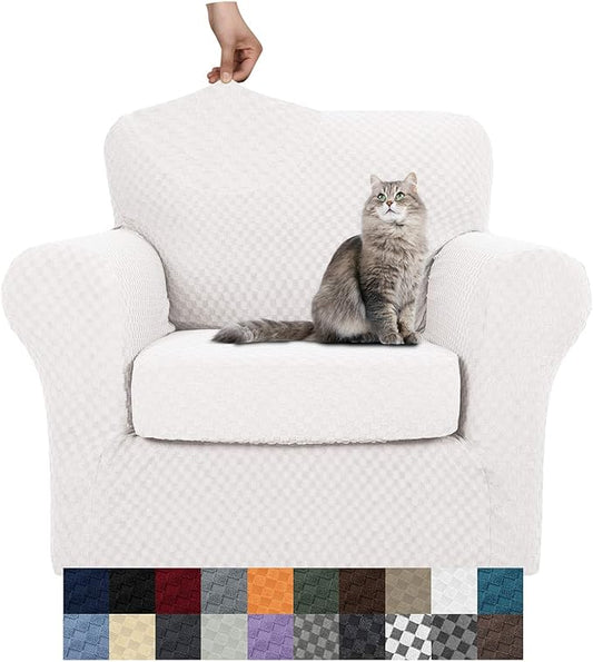 YEMYHOM Latest Checkered 2 Pieces Chair Covers for Living Room High Stretch Thickened Chair Slipcovers with Arms Anti Slip Elastic Armchair Sofa Couch Slipcover Protector (White), 31"-46"(1 Cushion) by YEMYHOM
