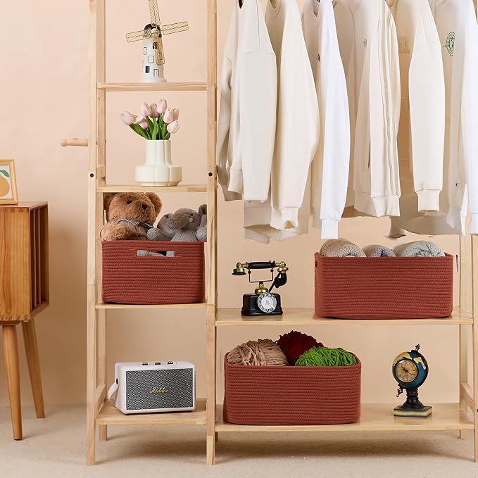 MiniArk Large Storage Baskets for Shelves, 17 x 13 x 7.5” Closet Organizers Bins for Clothes Blanket Towels, Baby Nursery, Toy Baskets Box, Woven Rope Baskets, 3 Packs Oxide Red - Image 3