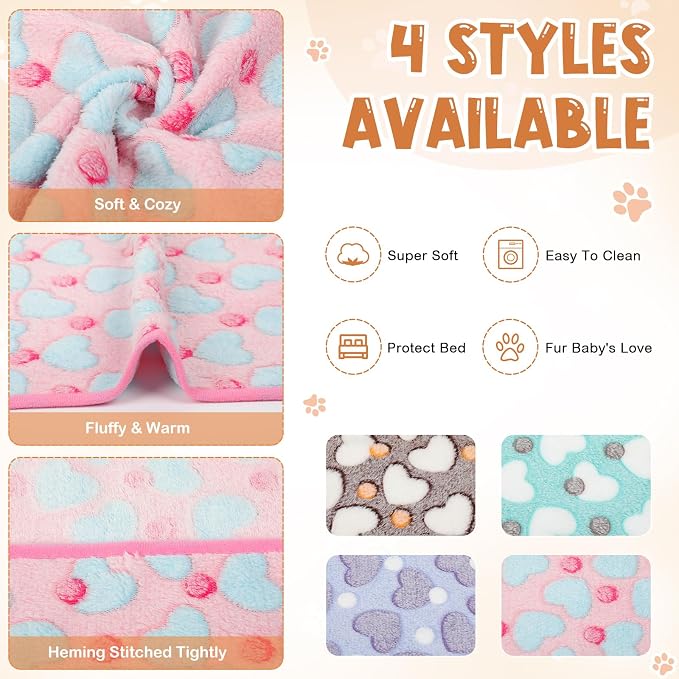 Tatuo 4 Pack Fleece Dog Blankets for Puppy Cats Multi-Size Sleep Mat for Pet Guinea Pig Soft Washable Crate Bed Puppy Teething Toys Print Pattern Warm Blanket Indoor(Pastel Color,24 x 16 Inch,Heart) - Image 2