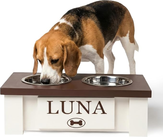 Elevated Dog Bowls for Small Dogs, Personalized Food Stand for Toy Breed | Farmhouse Style, Elevated Wood Stand, Storage Container, Stainless Steel Bowls, Raised Anti-Slip Feeder, Made in USA by GrooveThisWoodshop