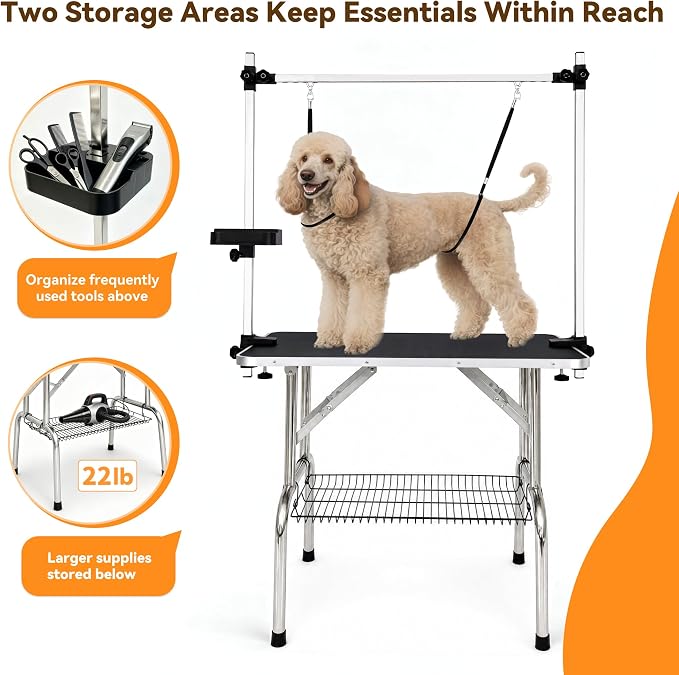 36" Foldable Dog Grooming Table with Adjustable H-Frame Arm & 2 Nooses, Heavy-Duty Stainless Steel Frame, Non-Slip Top, Tool Caddy and Mesh Tray, Black - Image 5