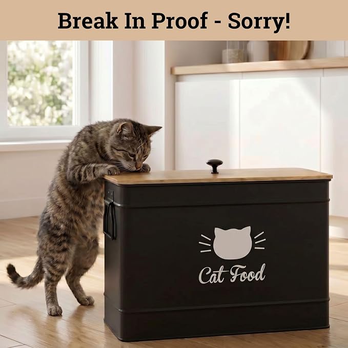 Metal Cat Food Container with Scoop, 15lb (50 Cup) w/ Airtight Bamboo Lid | 15 lb / 50 Cup Capacity, 1 Cup Metal Scoop, Durable Powder Coated Iron Body, Rubber Lined Bamboo Lid, Sturdy Metal Handles - Image 9