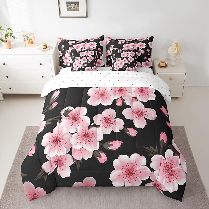 Feelyou Cherry Blossom Bed in a Bag Twin Size Japanese Floral 7 Piece Bedding Set for Kids Girls Teens Toddler Pink Flower Comforter Set with Sheets Romantic Bed Set by Feelyou