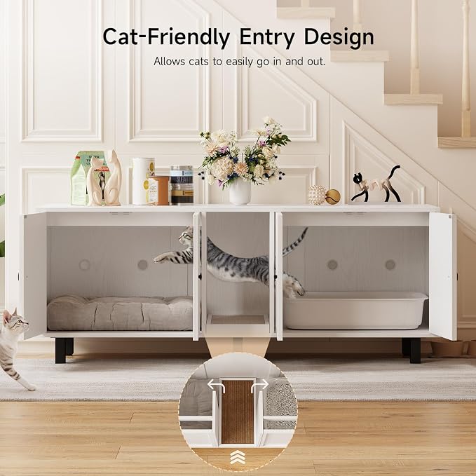 ONBRILL 63 Inches Cat Litter Box Enclosure for 2 Cats, Hidden Litter Boxes Furniture with Cat Scratch Pad, Large Indoor Pet House with Double Room, Wooden TV Stand Side Table, Off White - Image 4