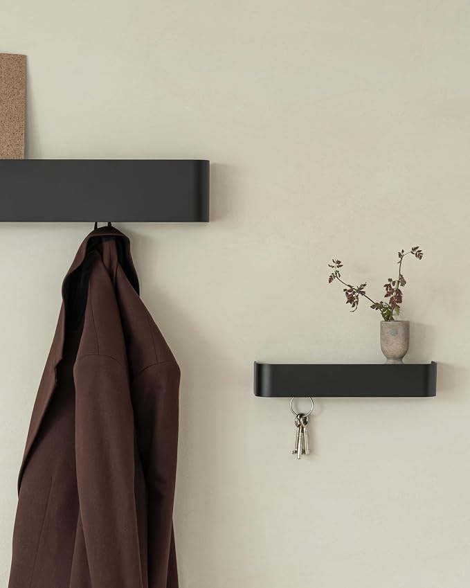 Kazai. Coat Rack Wall Mount with Shelf 'Tone' | Modern Design Coat Hanger with Hidden Hooks and Storage | Hat Rack with Shelf in Metal | Wall-Mounted Purse Organizer | Black - Image 8