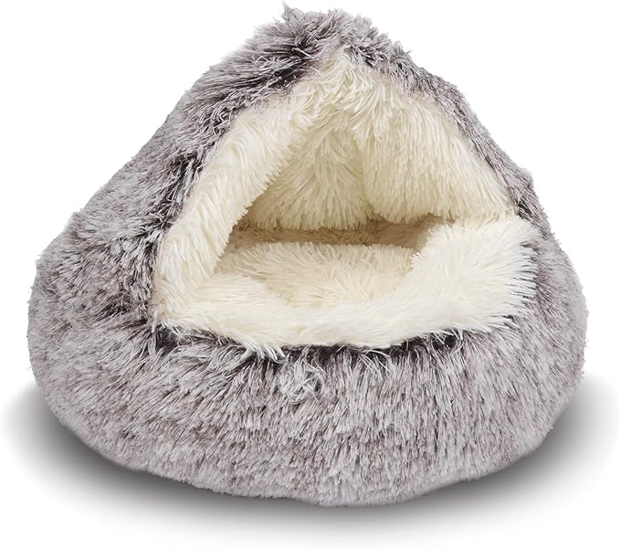 ShinHye Cat Bed Round Plush Fluffy Hooded Cat Bed Cave, Cozy for Indoor Cats or Small Dog beds, Soothing Pet Beds Doughnut Calm Anti-nxiety Dog Bed - Waterproof Bottom Washable, (23×23inch, Coffee) by ShinHye