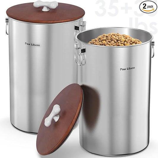 2 Pack 35 lb Stainless Steel Dog Food Storage Container Set with Wooden Lid | Metal Dog Food Storage Container for Dogs & Cats, Airtight Dog Food Container to Keep Food Fresh, Easy to Clean Dog Dood Bin by PawLibero