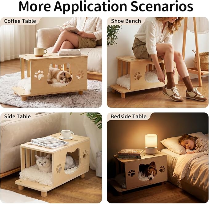 4-in-1 Wooden Cat House, Breathable Cat Cave with Washable Cushion Cat Beds for Indoor Cats - Image 6