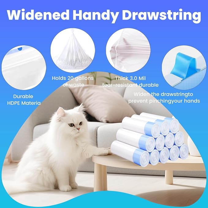 120 Pack Jumbo Cat Litter Bags-3MIL Extra Thick Leakproof Litter Box Liners, 37"x18" Heavy Duty Drawstring Cat Litter Liners for Automatic Litter Box, Odor Control Disposable Kitty Litter Bags 12 Roll - Image 5