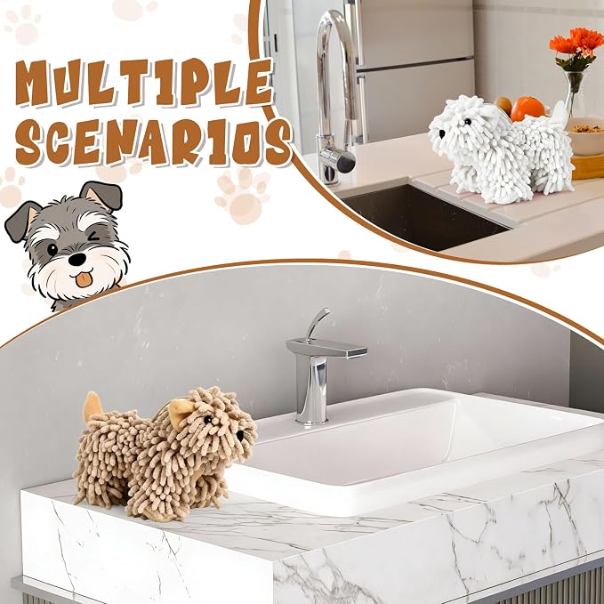 Tegeme 2 Pcs Chenille Dog Hand Towel Fuzzy Towel Absorbent Microfiber Soft for Bathroom Kitchen Washstand (White Brown,Standing Dog) - Image 4