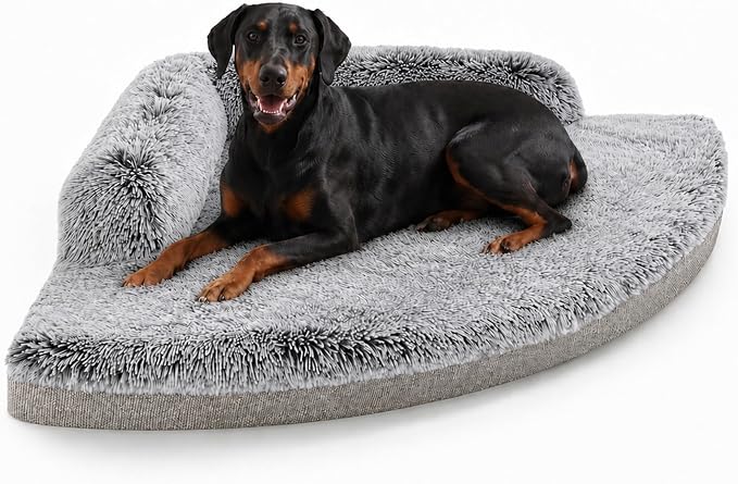 Corner Dog Bed XL, 42" Calming Fluffy Orthopedic Pet Beds, Beige | Space saving plush corner nest,egg-crate foam, washable cover, waterproof liner, non-slip bottom and bolsters for large dogs by Unknown