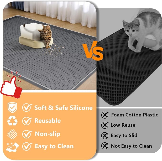 Silicone Cat Litter Mat 47" x 35" Cat Mat for Litter Box, Dark Grey | Extra Large Cat Litter Trapping Mat for Floor, Waterproof, Non-Slip Kitty Litter Box Mat with Raised Edge, Easy to Clean - Image 3