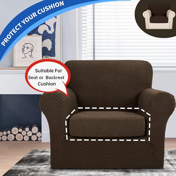 YEMYHOM Stretch Individual Cushion Covers Sofa Chair Seat Cushion Slipcovers Soft Couch Cover Replacement Large Checkered Furniture Protector with Elastic Bottom (1 Pc Cushion Cover, Dark Coffee) - Image 3
