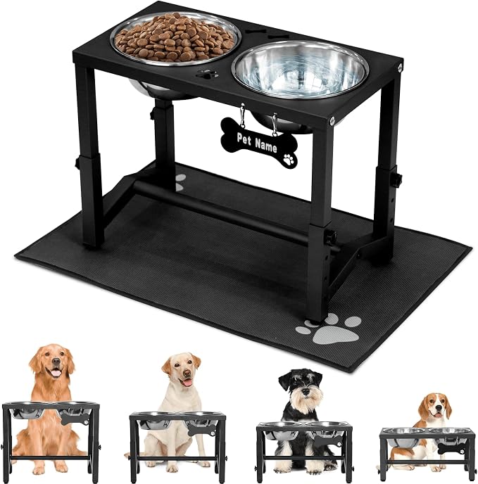 Elevated Dog Bowls, 4 Height Adjustable Metal Raised Bowl Stand with 2 Thick Stainless Steel Food Bowls & Spill-Proof Mat, Adjusts to 13.6'', 12.2'', 10.9'', 9.5'' for Large/Medium Breeds. Black by FLODOMIXHOME