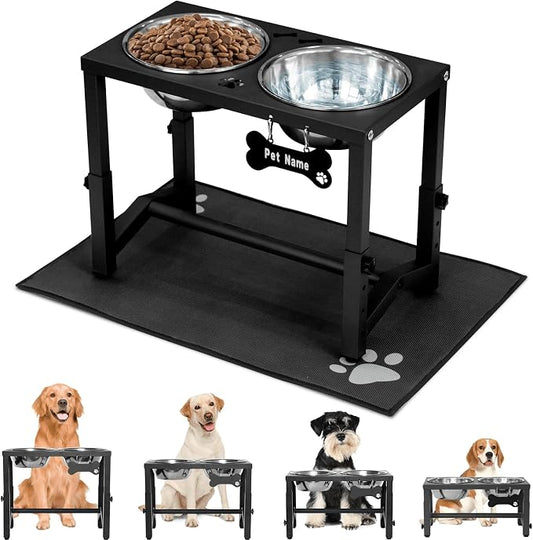 Elevated Dog Bowls, 4 Height Adjustable Metal Raised Bowl Stand with 2 Thick Stainless Steel Food Bowls & Spill-Proof Mat, Adjusts to 13.6'', 12.2'', 10.9'', 9.5'' for Large/Medium Breeds. Black by FLODOMIXHOME