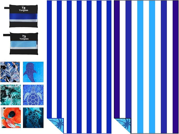 Yongoes 2 Pack Microfiber Beach Towels Oversized 71x32 Blue Striped | Thin & Lightweight, Sand Free, Super Absorbent Quick Dry Large for Pool Swim Bath Travel Vacation Accessories Essentials by Yongoesbeachtowel