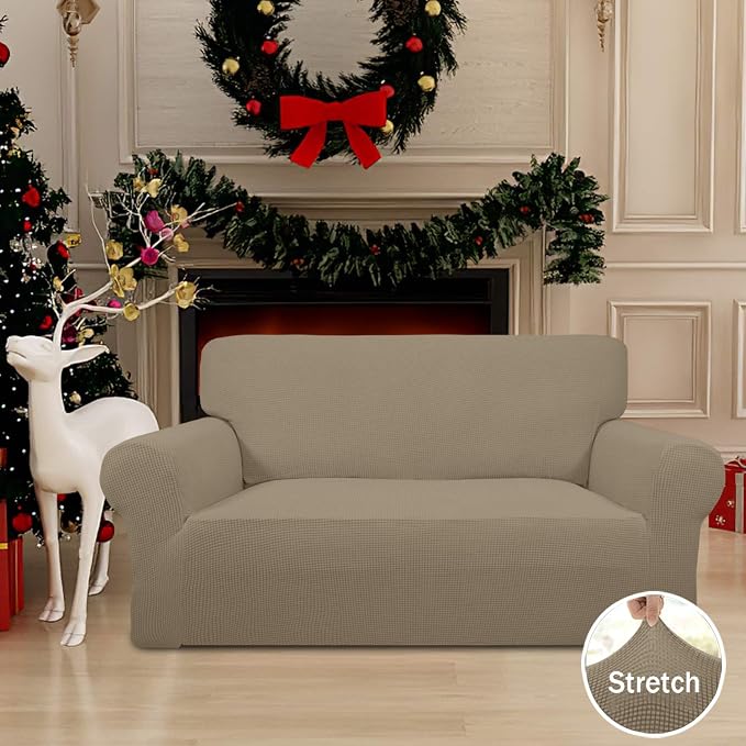 Easy-Going Stretch Loveseat Couch Covers Washable Natural | 1-Piece Loveseat Covers for 2 Cushion Couch Furniture Protector RV Sofa Slipcover Soft with Bottom for Kids Pets - Image 2