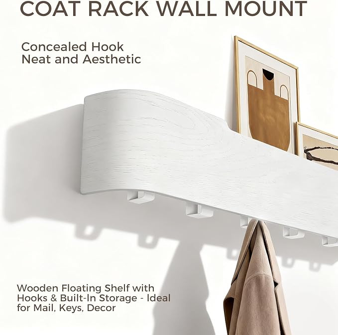 Coat Rack Wall Mount with Shelf Entryway Shelf Modern Key Holder Hanger Wall Shelves with Hidden Hooks for Hanging Towels Coats Hats Bags for Hallway Bathroom Bedroom(White, 8 Hooks) - Image 4