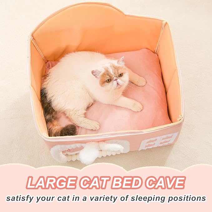 Jiupety Rabbit Cat Houses for Indoor Cats, Chimney Cute Cat Bed Cave, Enough Interior Space, Cartoon Soft Pet House Up to 3-10 lbs Kitten, Pink - Image 4