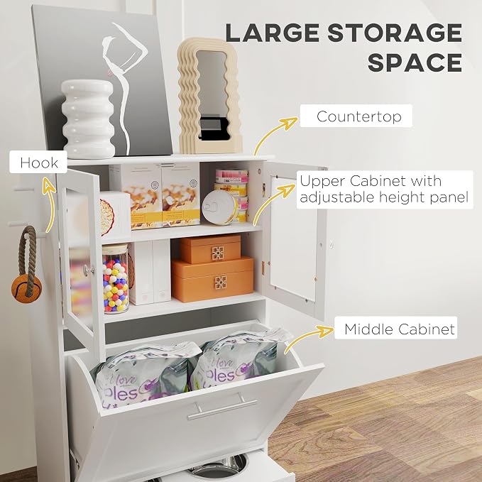 PawHut Dog Feeding Station, 2 Storage Cabinets, Elevated Dog Bowls, White | Side Hooks, Anti-tip Kit, Hidden Pet Feeder Station for Feeding & Watering - Image 5
